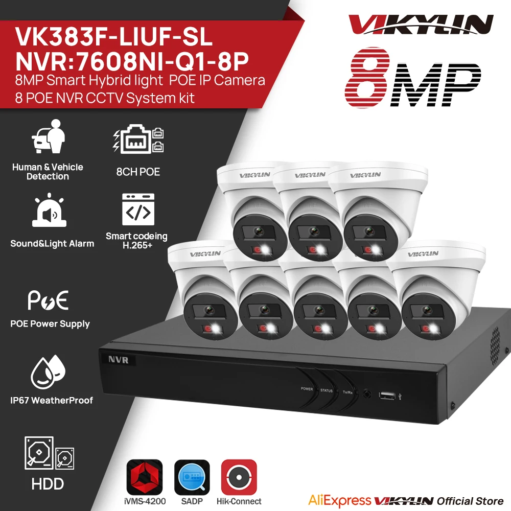 

VIKYLIN 8PCS IP Camera 8MP Sound&Light Alarm Poe IP67 Outdoor Security Video Surveillance Kit Hikvision OEM 8CH NVR CCTV System