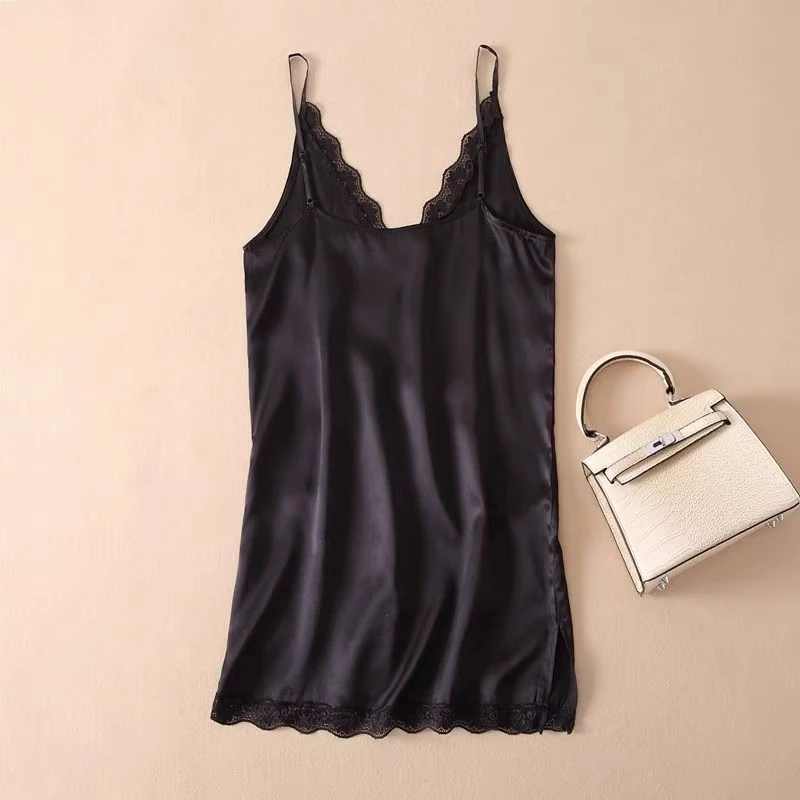 Birdsky, 1PC Women camisole mini dress tank top vest slip lace nightdress nightgowns 100% mulberry silk crepe satin, S-1090