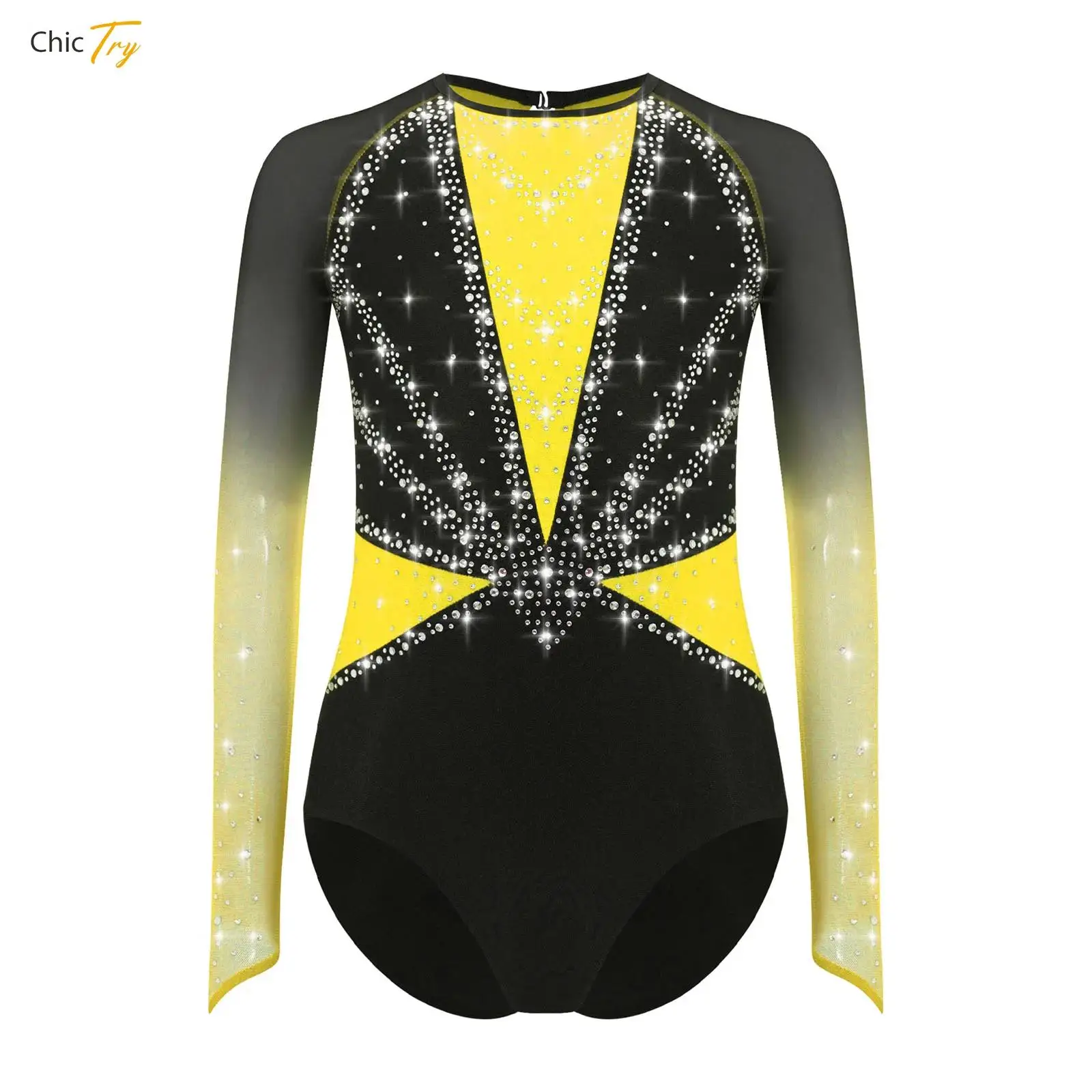 

Kids Girls Long Sleeve Rhinestones Gymnastics Dance Leotard Sheer Mesh Figure Skating Ballet Jersey Unitards Bodysuit Costumes