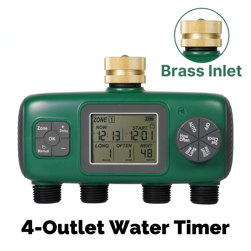 Digital Water Timer 1/3/4 Outlet Brass Inlet Programmable Irrigation Controller LCD Display IPX5 Waterproof