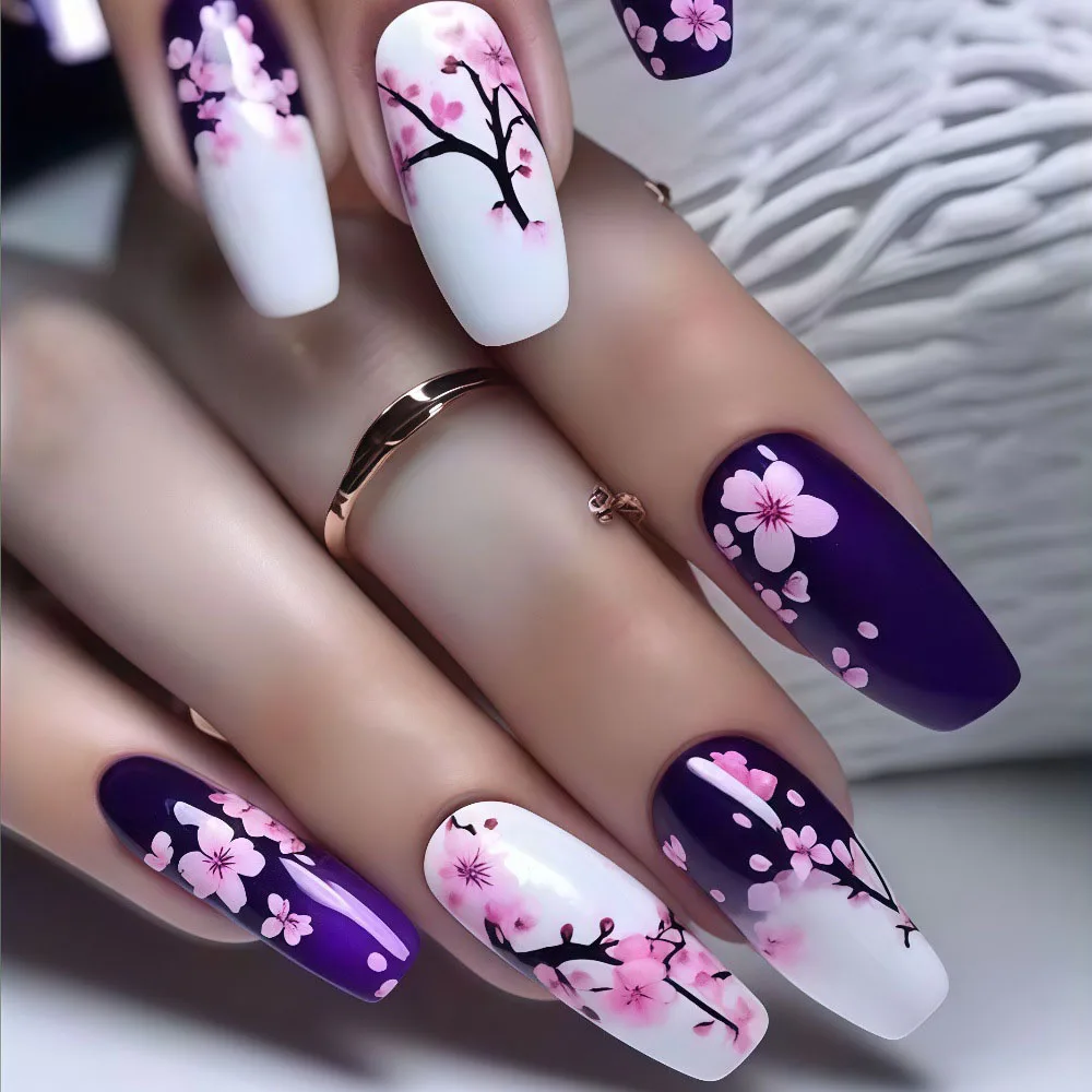 White purple fake nails for women girls Ballet nail tips with flowers printing full cover reusable press on false nail art set