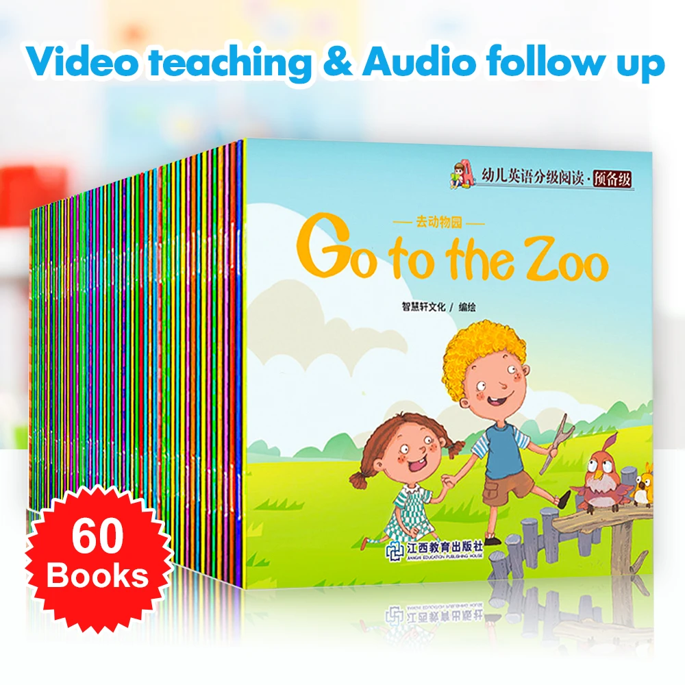 Children's English Words Picture Reading Books, Story Level, Educação Pré-Escolar, 60 Livros, Coleção