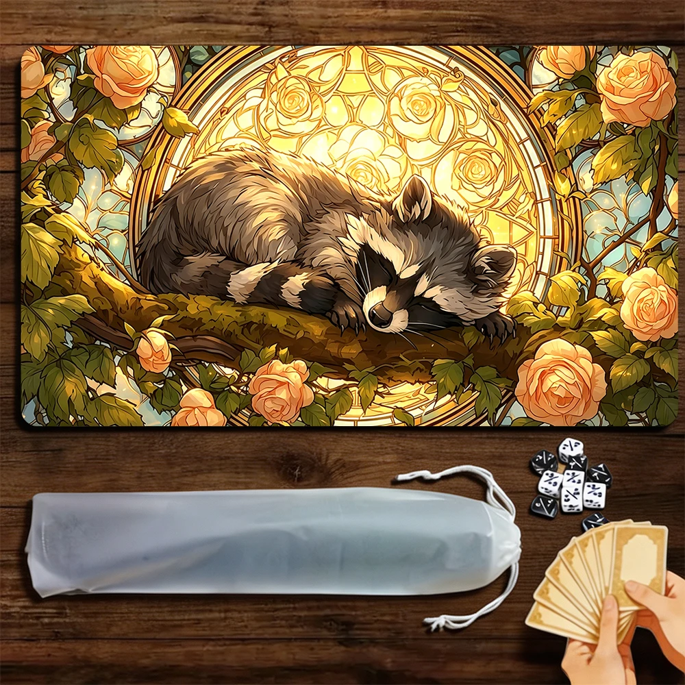 Rose Magic Circle and Raccoon TCG Playmat Magic Playmat Gathering Gaming Mat with Stitched Edge Anti-slip base Trading Card Game