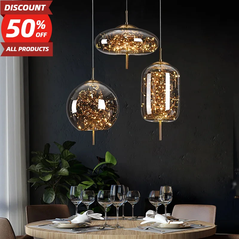 

Nordic LED Starry Sky Pendant Lights Amber/Smoky Grey Glass Shade Bedside Living Room Bedroom Bar Home Decor Small Chandelier