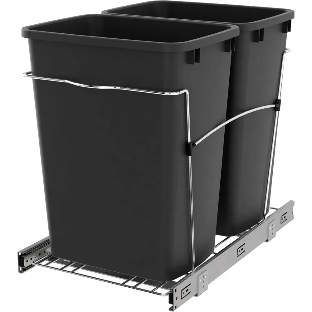 

Double Pullout Trash Can for Kitchen Cabinets 35 Qt Garbage Recycling Bin on Full Extension Slides, Black,
