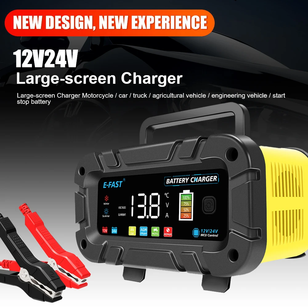 Multifunctional LED Display 12V 24V Smart Car Battery Charger Motorcycle SUV Truck 20A High Power Pulse Repair Battery Charging