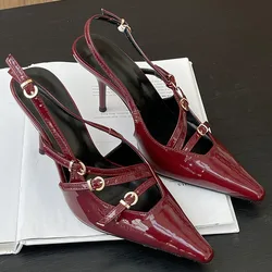 Wine Red Footwear Ladies High Heels Sandals Shoes Female New 2024 Fashion Metal Buckle Pumps Women Thin Heels Shoes Big Size