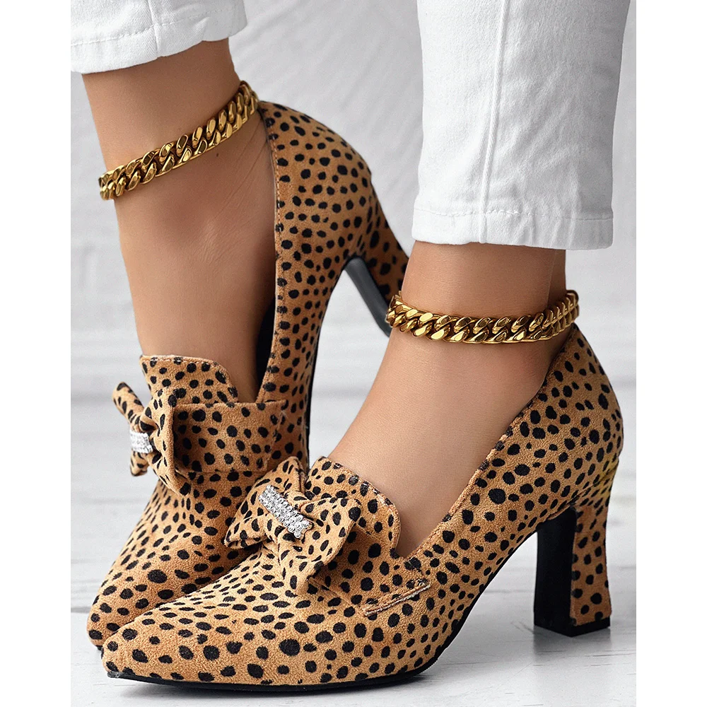 Women Polka Dot Pattern Bowknot Decor Square High Heel Pumps Pointed Toe Low-Riding Heels