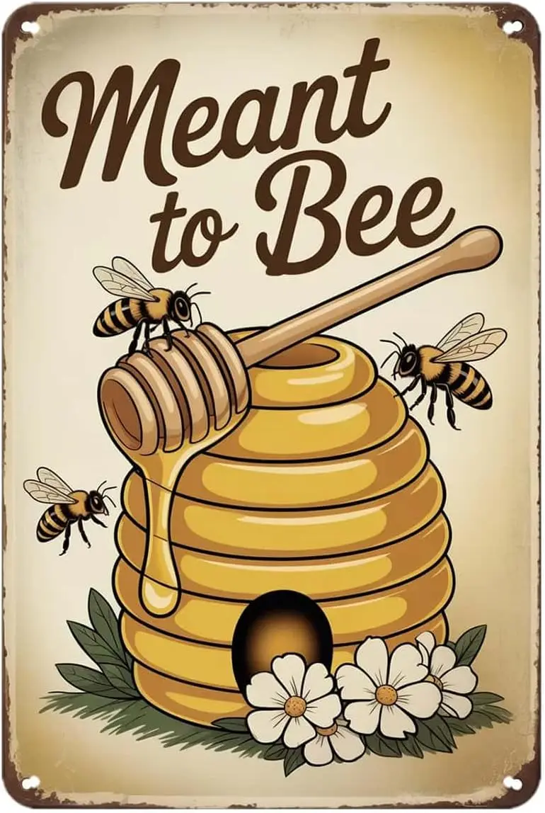 Honey Bee Hive Meant To Bee Tin Sign Cute Sunflower Daisy Flower Vintage Metal Signs Wall Decor for Kitchen Bar Cafe Bedroom Hom