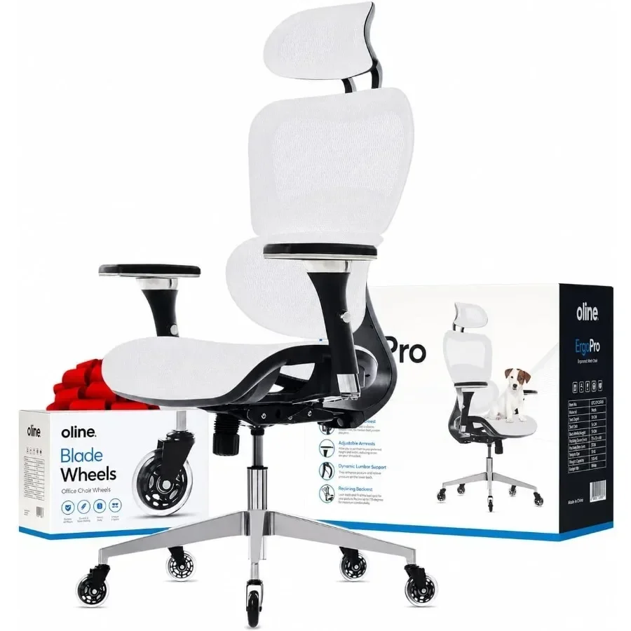 Ergonomic office chair for home and executive use, mesh material, white color, features 4D adjustable armrests, 3D lumbar suppo