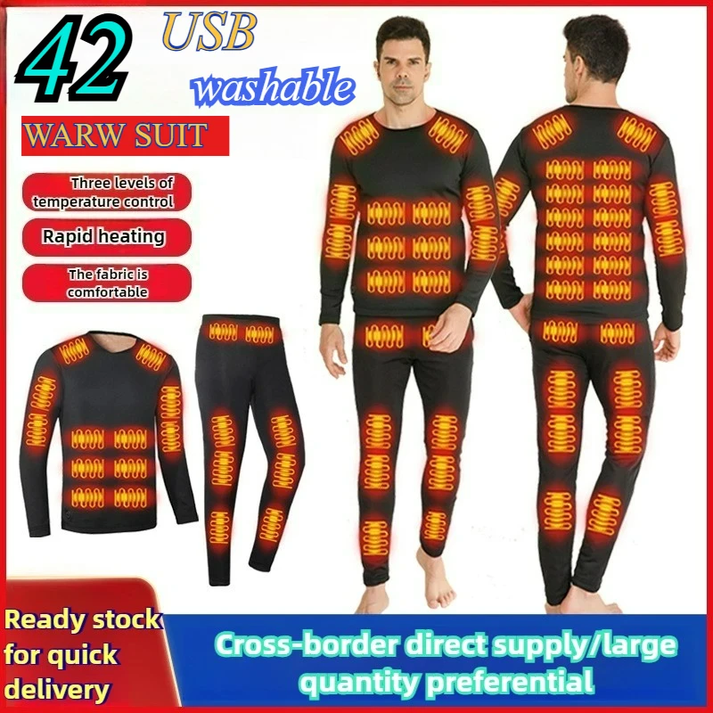 

42-зонный костюм с подогревом для мужчин и женщин, зимнее лыжное термобелье с подогревом, куртка + брюки, электрическая самонагревающаяся флисовая мужская одежда