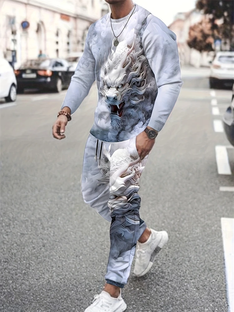 Spring/Fall Men's Two-Piece Set 3D Pattern Printed Long-Sleeve T-Shirt With Drawstring Casual Pants Men's Streetwear Set