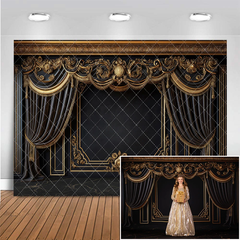 

Black and Gold Midnight Elegance Hall Photography Backdrop Adult Kids Portrait Background Classic Wall Photo Studio Props Banner