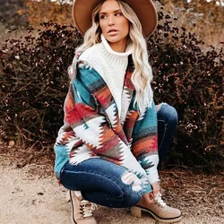 Vintage Jacke Frauen Spleißen Lose Jacke Denim Drucken Aztec Retro Ethnischen Stil Lange Ärmeln Hemd Streetwear Weibliche Goth Mantel