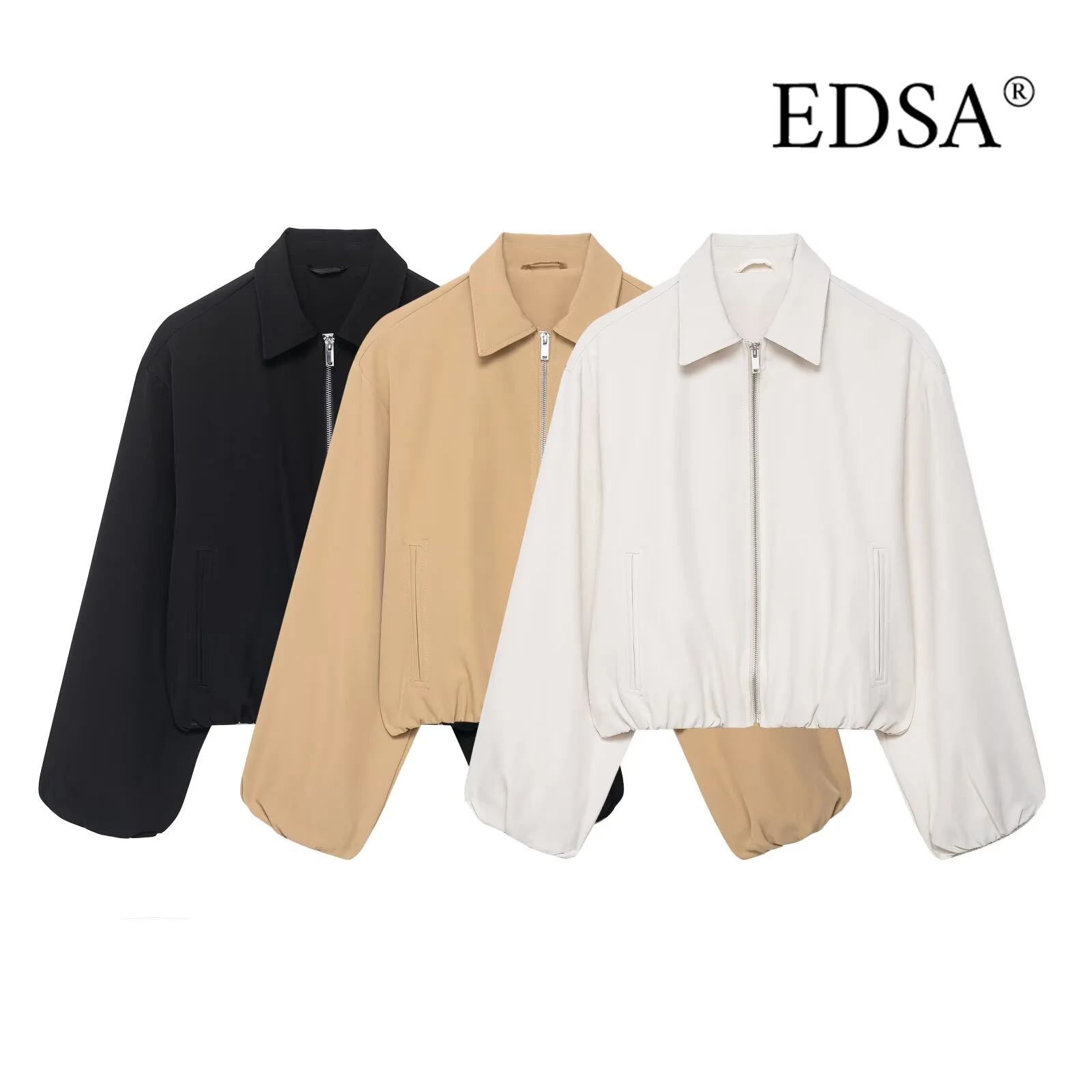 EDSA 여성 봄버 재킷 퍼프 슬리브 사이드 지퍼 턴다운 칼라 엘라스틱 트림 여성 캐주얼 코트 아우터웨어