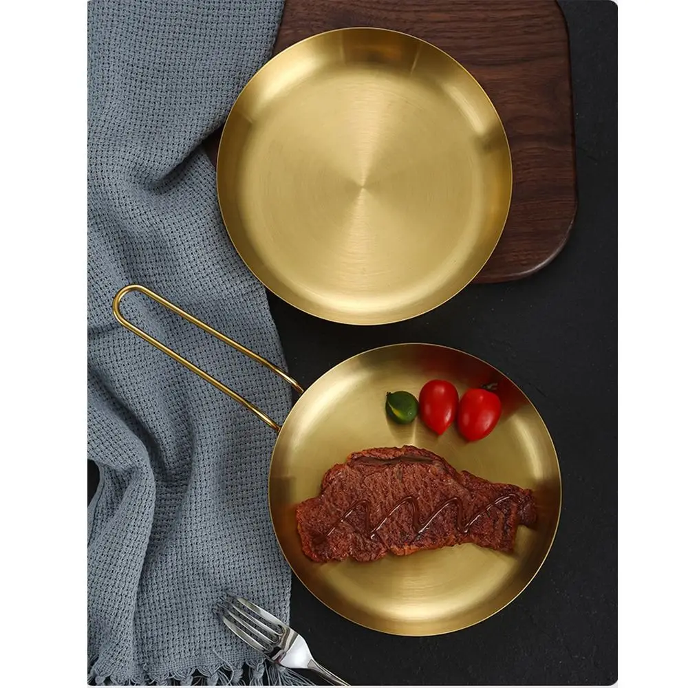 18/20cm Stainless Steel Frying Pan Flat Bottom Golden/Sliver Serving Plate Stackable Round Roasting Cooking Pots Kitchenware