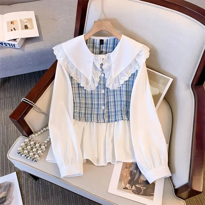 French Style Fashion Spring New Blouses Women\'s Peter Pan Collar Ruffles Patchwork Plaid Button Ruched Loose Long Sleeve Shirts