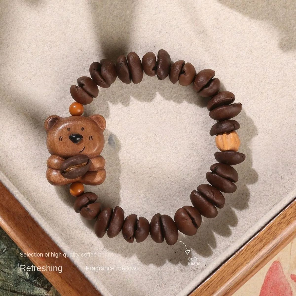Little Bear Coffee Fragrance Wood Carving Cute Coffee Bean Bracelet Little Bear Bracelet, Small and Exquisite Female
