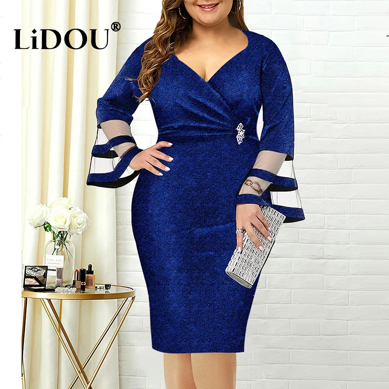 

Spring Autumn Fashion Sexy Elegant Plus Size Hip Package Dress Simple V-neck Paneled Slim Mesh Eveing Dress Chic Bodycon Dress