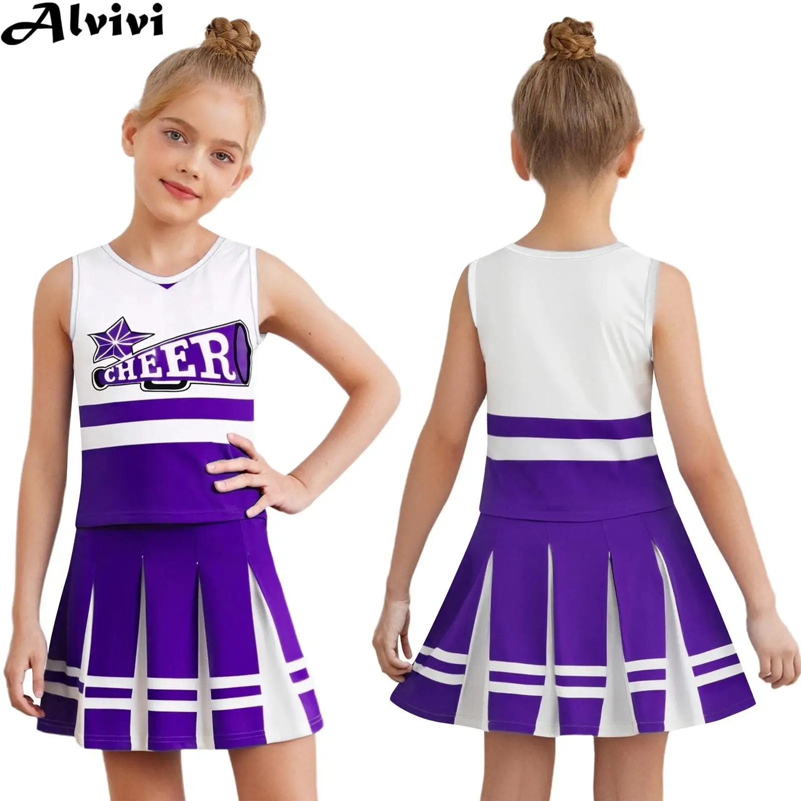 

Детский костюм черлидинга для девочек, майка с плиссированной юбкой для тематической вечеринки на Хэллоуин, школьного шоу, спортивной встречи