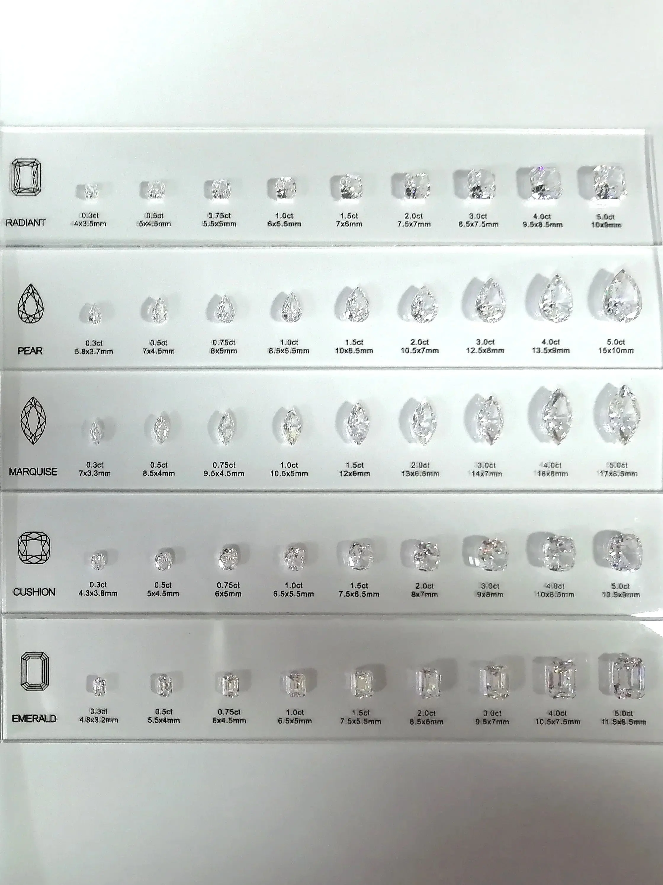 Top Quality 5A Cubic Zirconia Diamond Size Chart 0.3ct-5ct Fancy Shapes Comparison Jewelry Tool