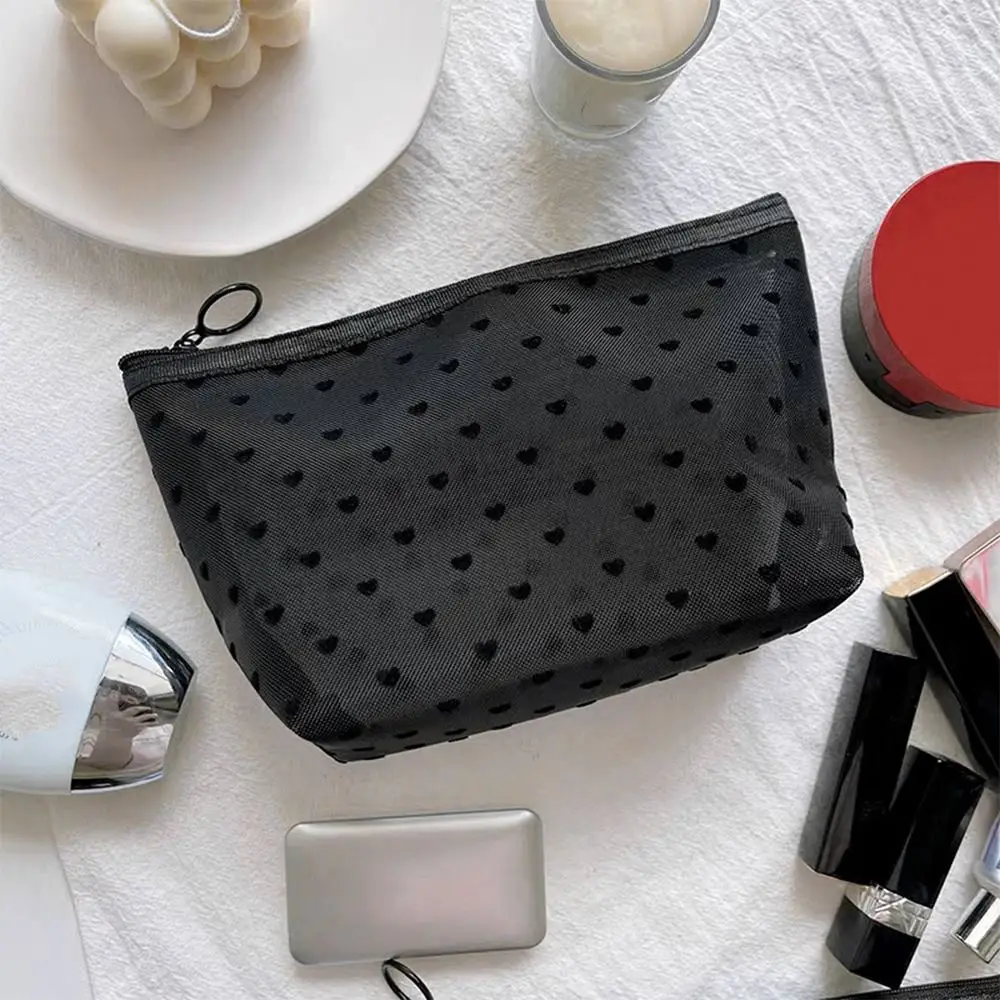 Wave Point Love Heart Mesh Makeup Bag Large Capacity Storage Bag Transparent Cosmetic Bag Organizer Case Toiletry Bag Lady