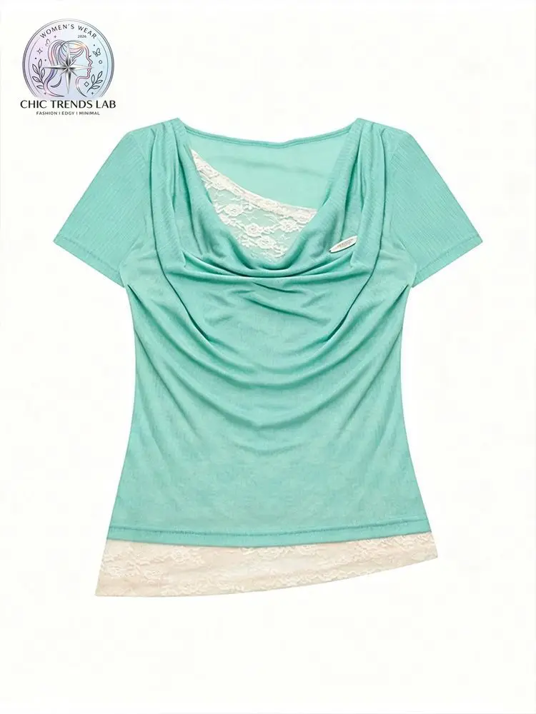 Y2K Mint Green Fake Two Piece Top Women Cowl Neck Lace Patchwork Short Sleeve T Shirt Asymmetric Hem Slim Fit Vintage Tees Goth