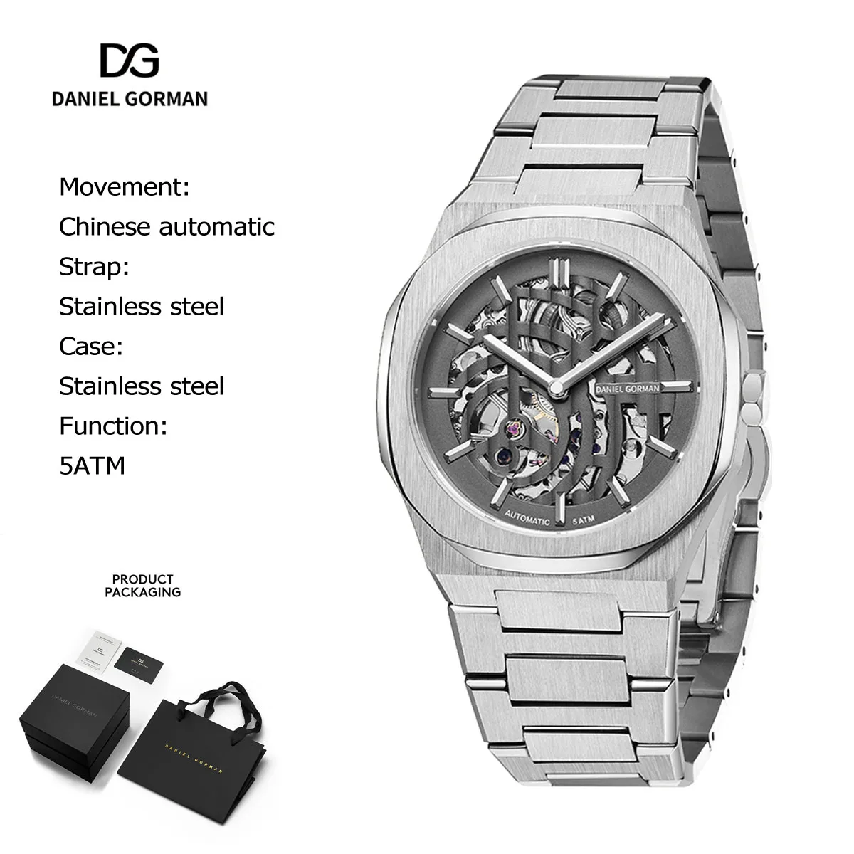 Daniel Gorman 8126 Men Luxury Skeleton Automatic Watch Stainless Steel Mechanical Timepiece with Openwork Dial Luminous 5ATM