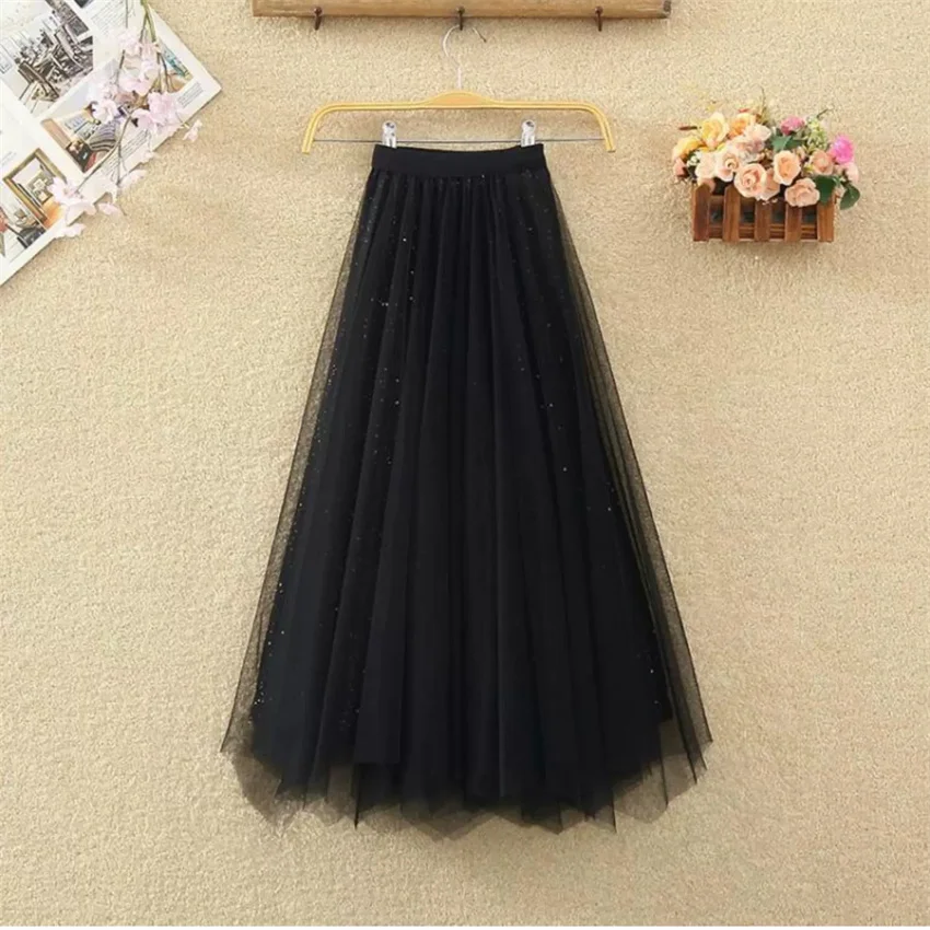 Gowyimme New Fahion Big Size Women High Waist Lace Sequined Skirt Girl Midi-long Double-Sided A-line Solid Pleated Skirts PD1879