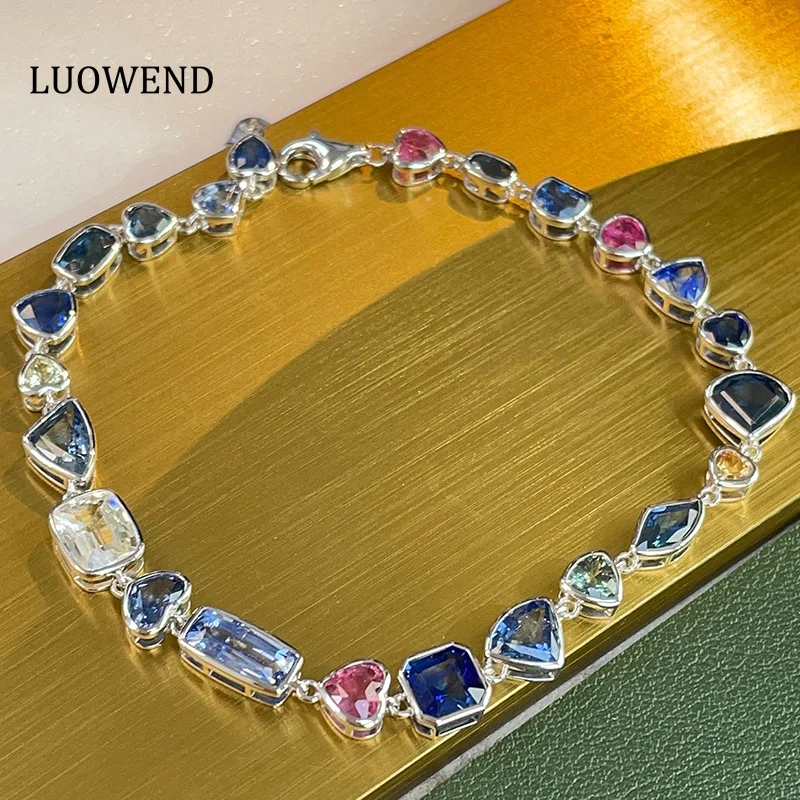LUOWEND 100% 18K White Gold Bracelet Luxury Elegant Style Real Natural Color Sapphire Bracelet for Women High Party Jewelry