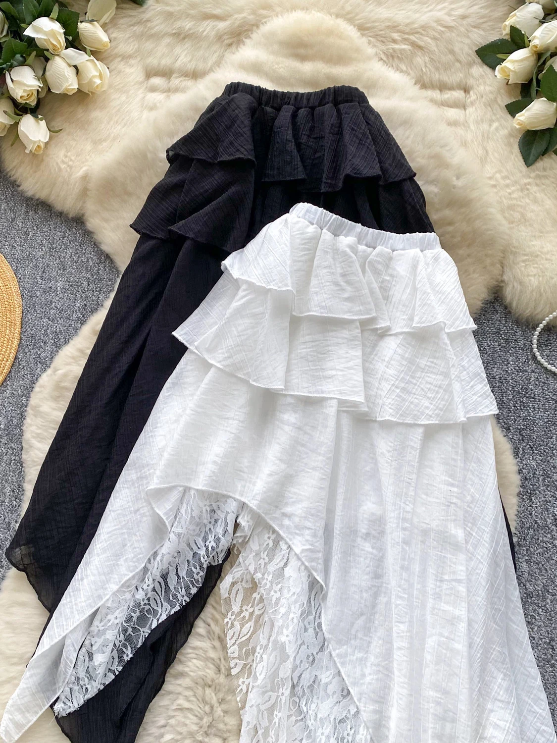 Hohe Taille Spitzenbesatz f Rock Feenrock Damen Herbst Faion Design Einzigartige asymmetrische Spitze Spleißen Ci Pendeln