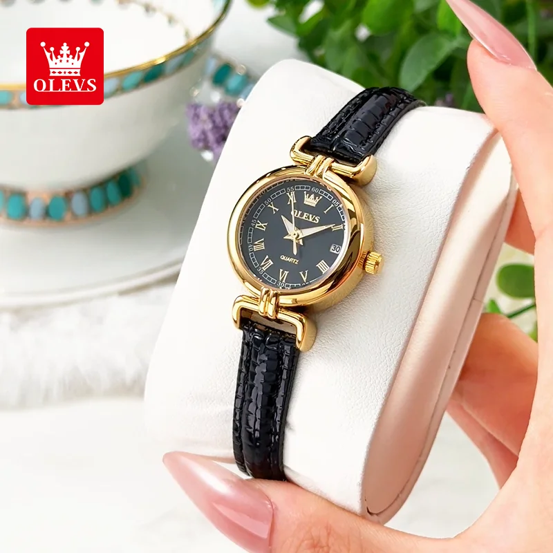 OLEVS 5645 Luxury Lady Watch Fashion Waterproof Date Black Leather Strap Versatile Quartz Watch for Women Genuine Certification