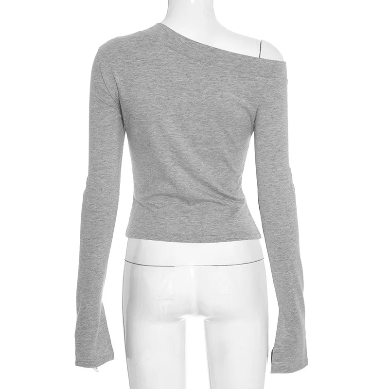 가을 겨울 원숄더 Y2K 여성 티셔츠 의상 긴팔 스플릿 풀오버 셔츠 스트리트웨어 슬림 크롭탑 티셔츠 선물