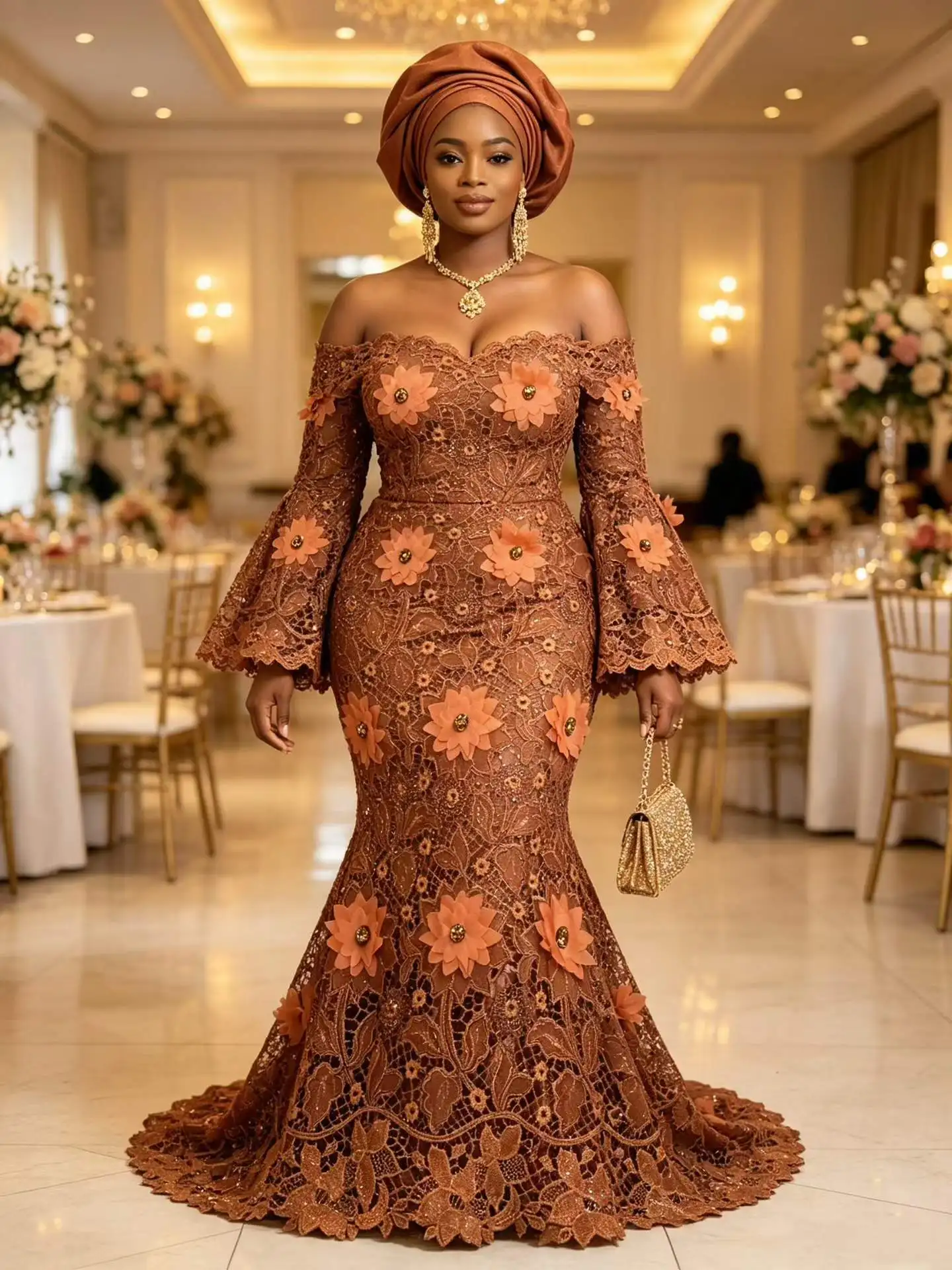 3D Embroidered Guipure Cupion Lace Skin Friendly Cord Fabric Middle East Wedding Formal Mermaid Lady Gown with Appliques 3350