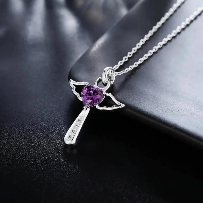 Y2K Plated 925 Silver Latin Angel Wings Cross White Purple Zircon Crystal Pendant Necklace for Girls Women