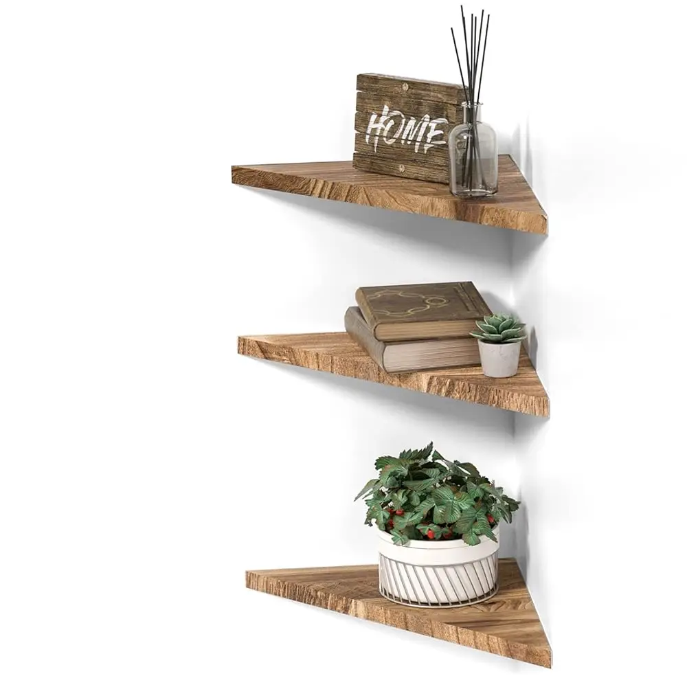 

Wall Mounted Rustic Wood Straight Edge Corner Shelf Storage Rack, Bookcase, Floating Shelves Home Decor For Bedroom, Living