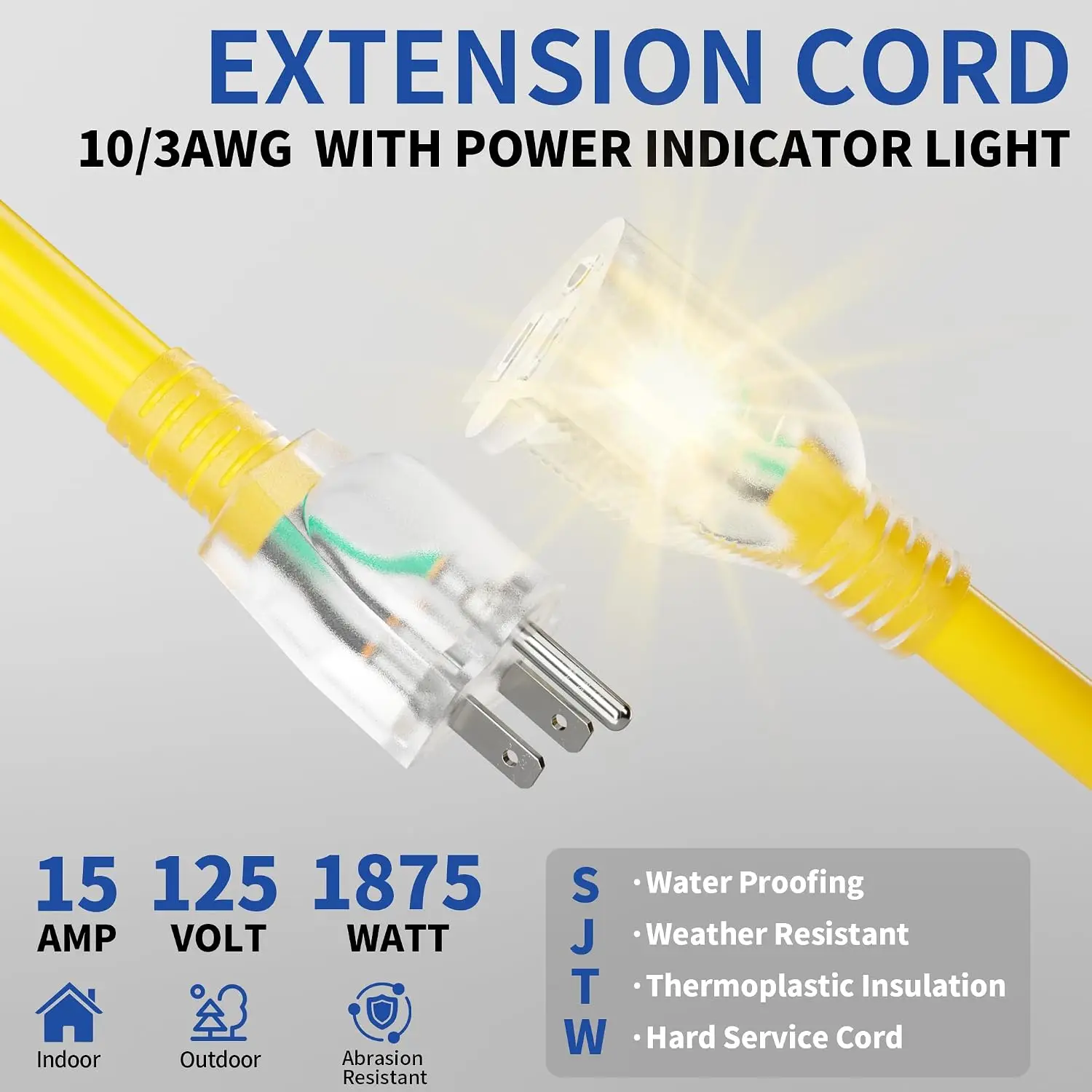 50ft Outdoor/Indoor Extension Cord with Lighted 10/3 Gauge Yellow