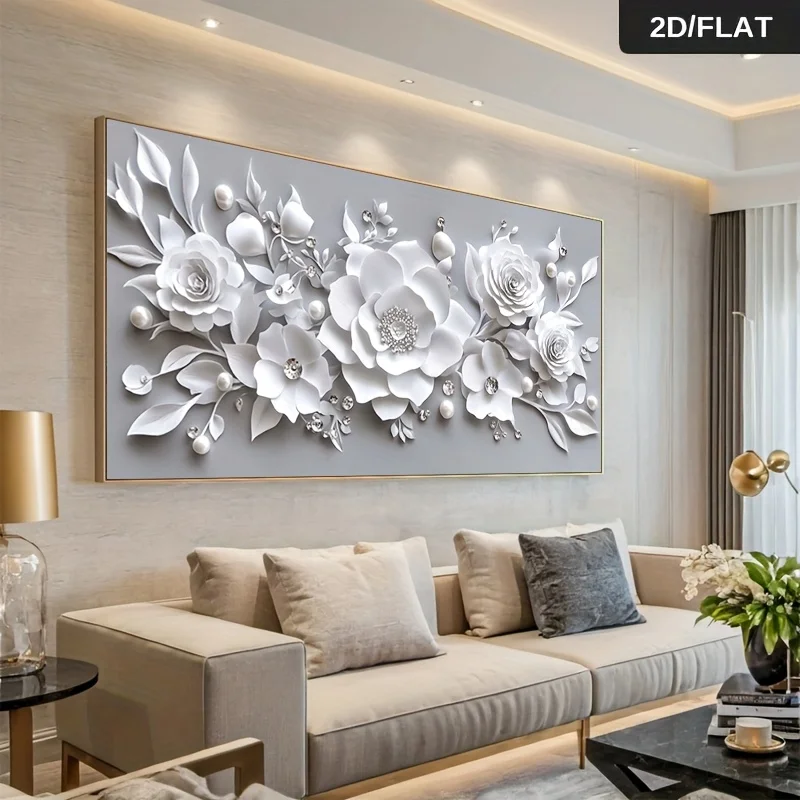 2D/Flat 1pc Large Modern Canvas Wall, Frameless Abstract Elegant White Floral Wall Art Prints for Living Room and Bedroom Decor