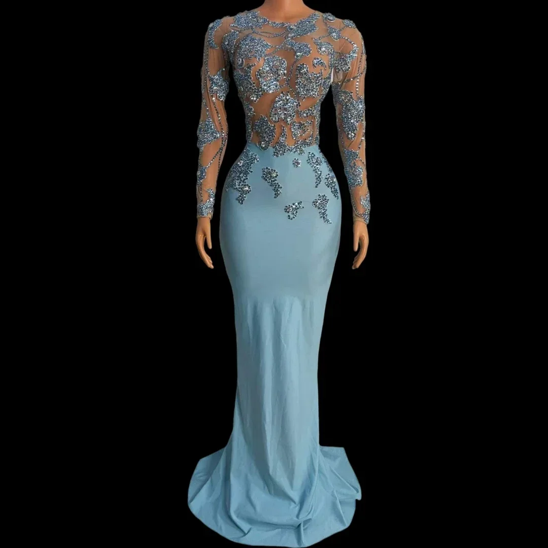 

Singer Long Dress Women Rhinestone Wedding Birthday Queen Costumes Floor Length Stretch Stage Carnival Outfit Shinning