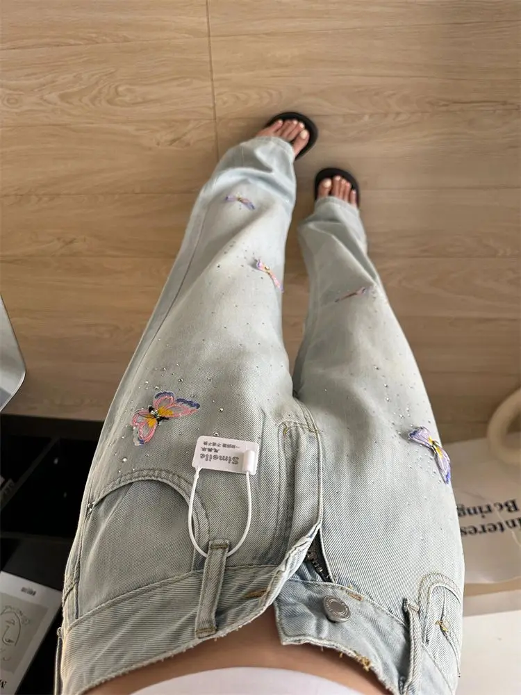 Jeans Butterfly Embroidered Beading Women Vintage High Waist Sweet Denim Pants Ladies Fashion Y2k Korean Clothes Streetwear