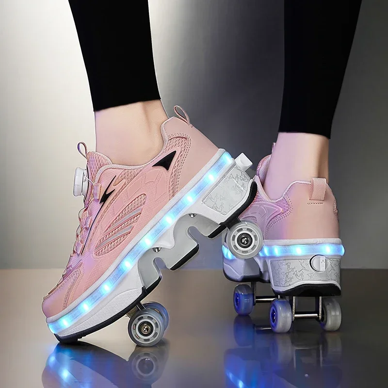 Unisex Automatic Retractable 4-Wheel Roller Skates Women's High Sneakers with Wheels Girls' Dual-Purpose Skating Sports Shoes