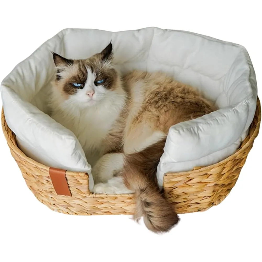 

Summer Breathable Round Rattan Cat Cave Bed with Thickened Cushion and Wrap-Around Cushion, Calabash Grass Braiding Cat Bed for