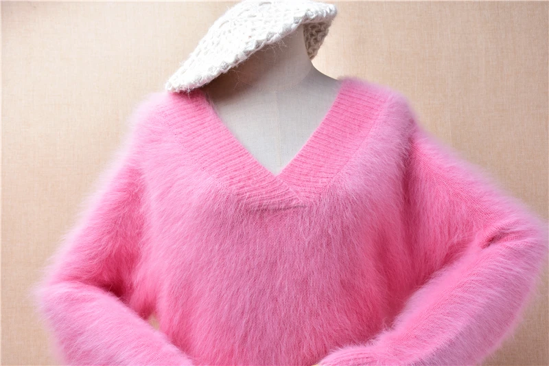 Women Mujer Autumn Winter Clothing Sweet Pink Hairy Mink Cashmere Knitted V-Neck Long Sleeves Slim Blouses Pullover Sweater Pull