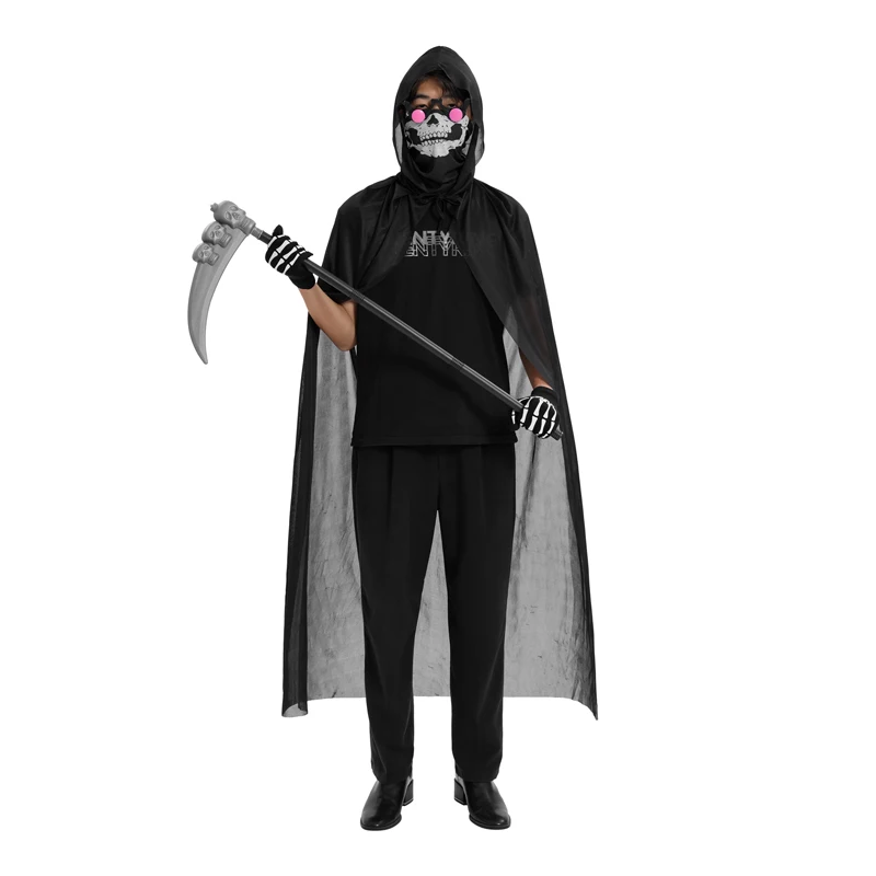 Disfraz de capa de Halloween para niños y adultos, bata de terror de Death Grim Reaper con gafas de ojos rojos brillantes, guadaña, ropa facial, guantes