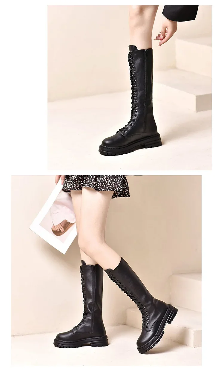 Damen Ritterstiefel Plateau Chunky Schuhe Mode Kniehohe Stiefel Elegant 2025 Winter Neue Marke Schnürschuhe Gladiator Botas – Detail 22