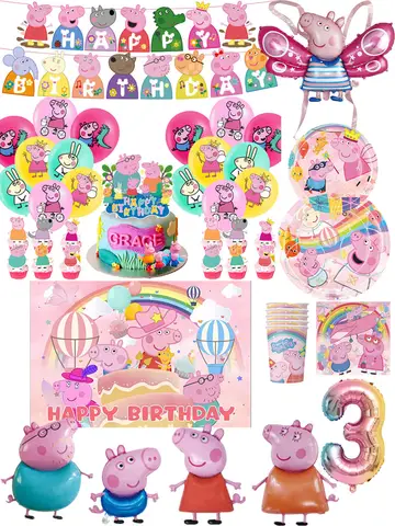 Peppaed Pigs Birthday Party Decoration Banner Cartoon George Page Balloons Paper Plates Disposable Tableware Decor Background