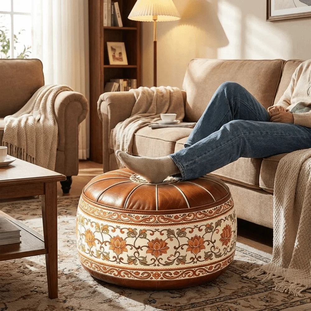 PU Leather Lotus Print Seat Cushion Cover Unstuffed Vintage Sofa Stool Cover Large Capacity Waterproof Clothes Storage Bag