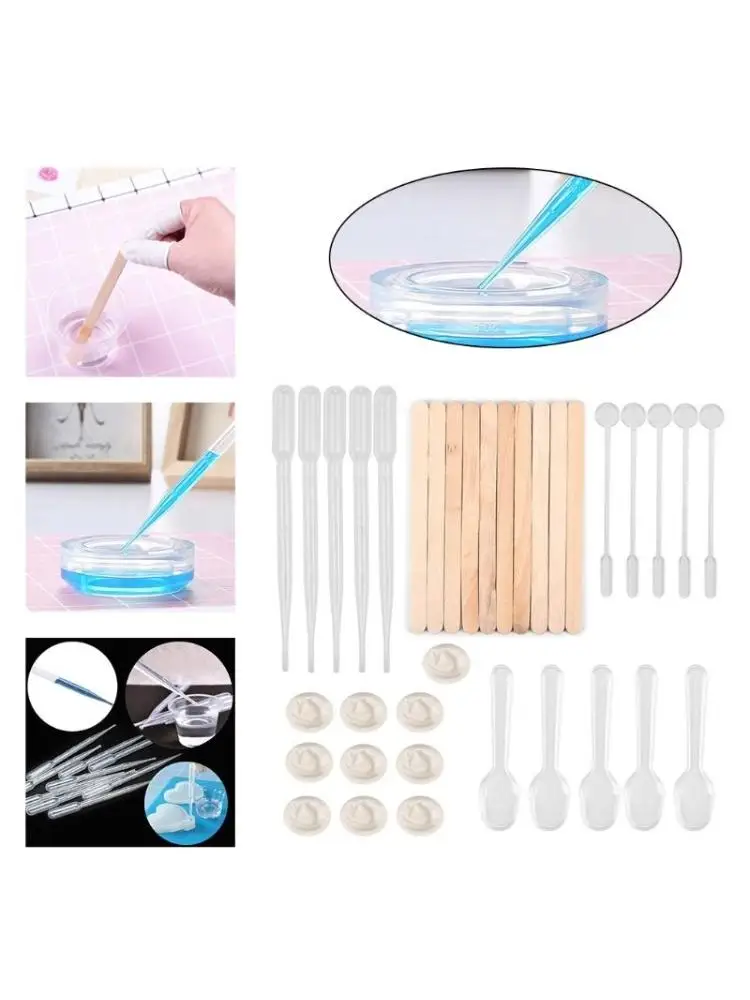 

35 Pcs/Set Resin Mold Tools Wooden Popsicle Stir Sticks Disposable Finger Cots Clear Plastic Dropper Stirring Rod