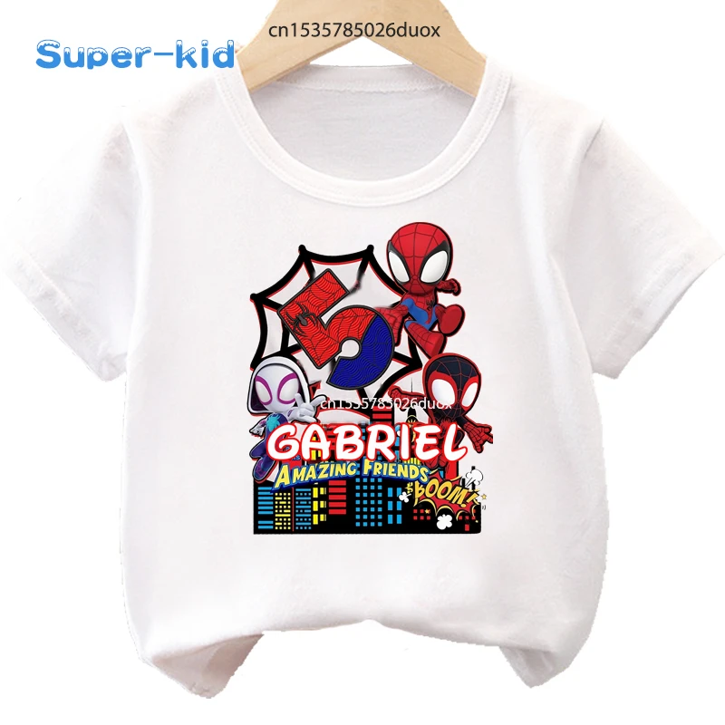 Camiseta de Spiderman para niños, camisa de fiesta de cumpleaños con nombre personalizado, Spiderman, Spidey y sus amigos increíbles, verano, 2, 3, 4, 5, 6, 7, 8, 9