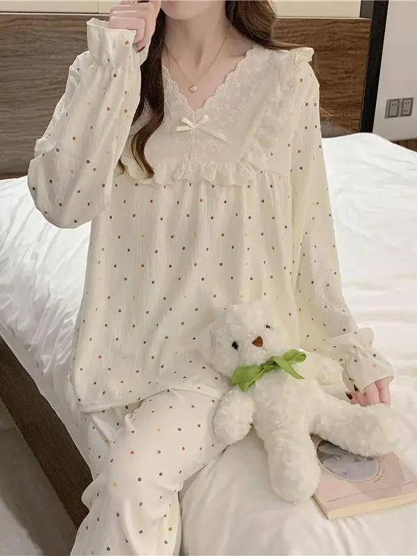 

Cloud Cotton Long Sleeve Sleepwear Women's Spring Autumn Home Clothes Set Cute Polka Dot Princess Style Can Be Worn outside